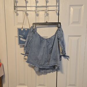 Guess Light Blue Off-Shoulder Chambray Blouse